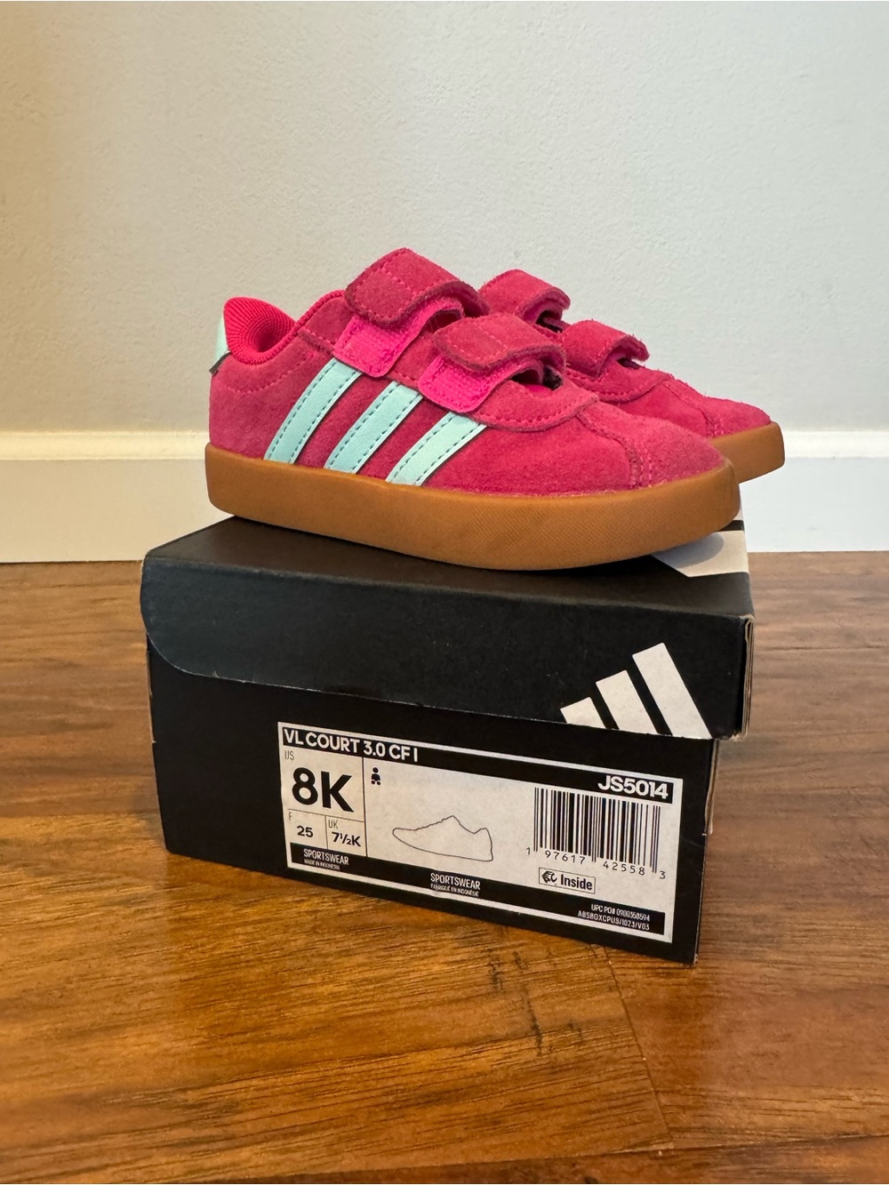 adidas Kids Pink Suede Sneakers with Mint Stripes and Gum Sole